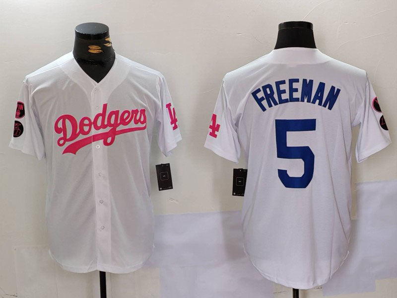 Los Angeles Dodgers #5 Freddie Freeman White Pink Vin & Kobe Patch Stitched Baseball Jersey baseball jersey product view 1