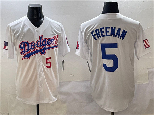 Los Angeles Dodgers #5 Freddie Freeman White With American Flag Patch Limited Stitched Baseball Jersey baseball jersey product view 1