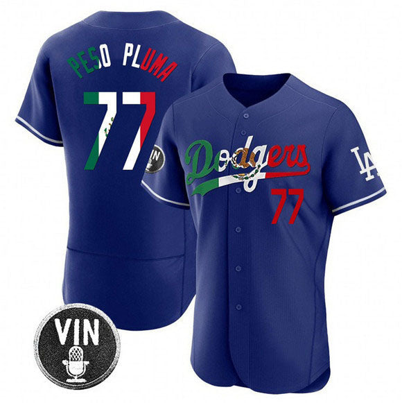 Los Angeles Dodgers #77 Pezo Pluma Royal Mexico Special Vin Scully Patch Flex Base Stitched Baseball Jersey baseball jersey product view 1