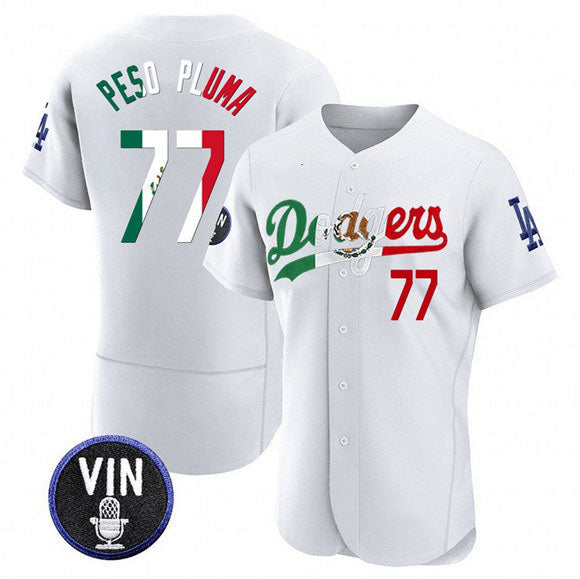 Los Angeles Dodgers #77 Pezo Pluma White Mexico Special Vin Scully Patch Flex Base Stitched Baseball Jersey baseball jersey product view 1
