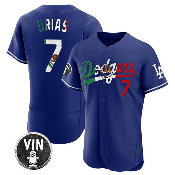 Los Angeles Dodgers #7 Julio Urias Royal Mexico Special Vin Scully Patch Flex Base Stitched Baseball Jersey baseball jersey product view 1