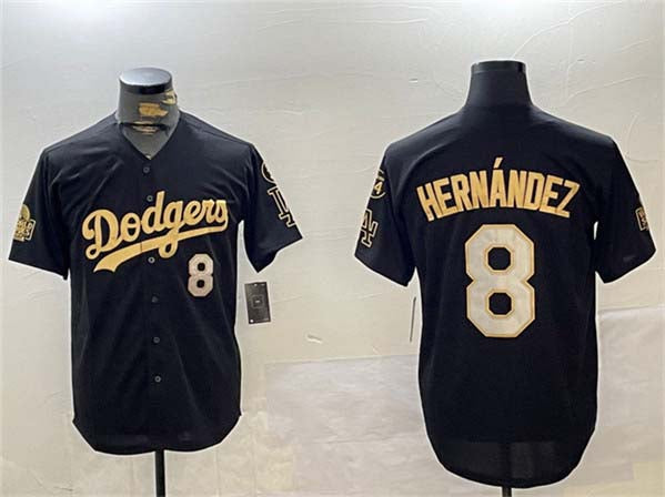 Los Angeles Dodgers #8 Enrique Hern¨¢ndez Black Gold 2024 World Series With Fernando Memorial Patch Home Limited Stitched Baseball Jersey baseball jersey product view 1