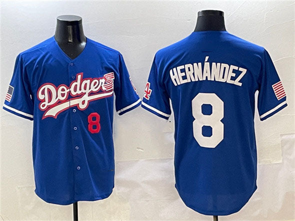 Los Angeles Dodgers #8 Enrique Hern¨¢ndez Royal With American Flag Patch Limited Stitched Baseball Jersey baseball jersey product view 1