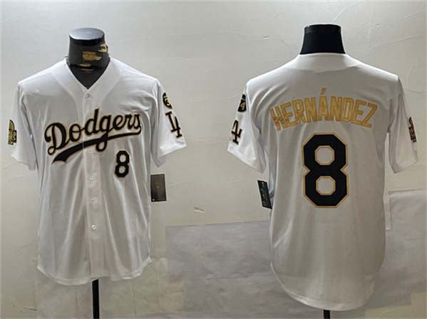 Los Angeles Dodgers #8 Enrique Hern¨¢ndez White Gold 2024 World Series With Fernando Memorial Patch Home Limited Stitched Baseball Jersey baseball jersey product view 1