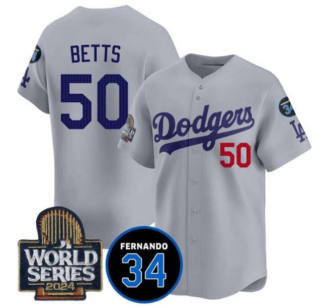 Los Angeles Dodgers #50 Mookie Betts Grey 2024 World Series With Fernando Memorial Patch Limited Stitched Baseball Jersey baseball jersey product view 1