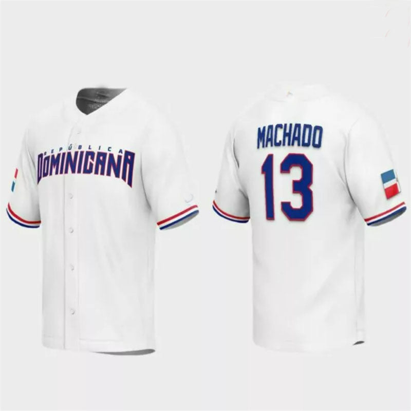 #13 Manny Machado Dominican Republic Baseball 2023 World Baseball Classic Replica Jersey ¨C White Stitches Baseball Jerseys baseball jersey product view 1