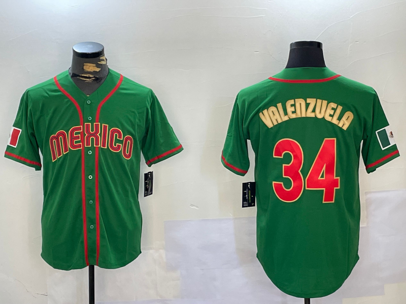Mexico Baseball #34 Fernando Valenzuela 2023 Green Gold World Classic Stitched Jersey baseball jersey product view 1