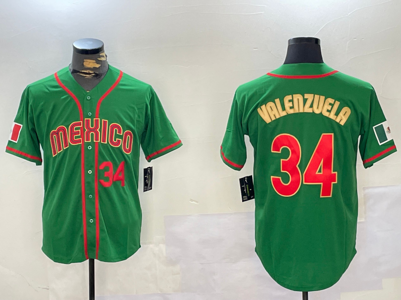 Mexico Baseball #34 Fernando Valenzuela Number 2023 Green Gold World Classic Stitched Jersey baseball jersey product view 1