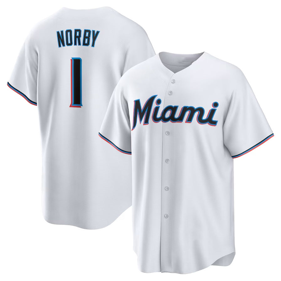 Miami Marlins #1 Connor Norby Home Replica Jersey - White Stitched Baseball Jersey baseball jersey product view 1