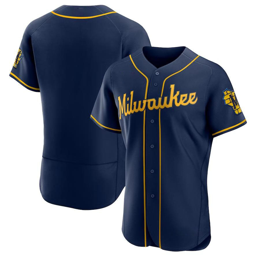 Milwaukee Brewers Navy Alternate Authentic Team Logo Jersey Baseball Jerseys baseball jersey product view 1