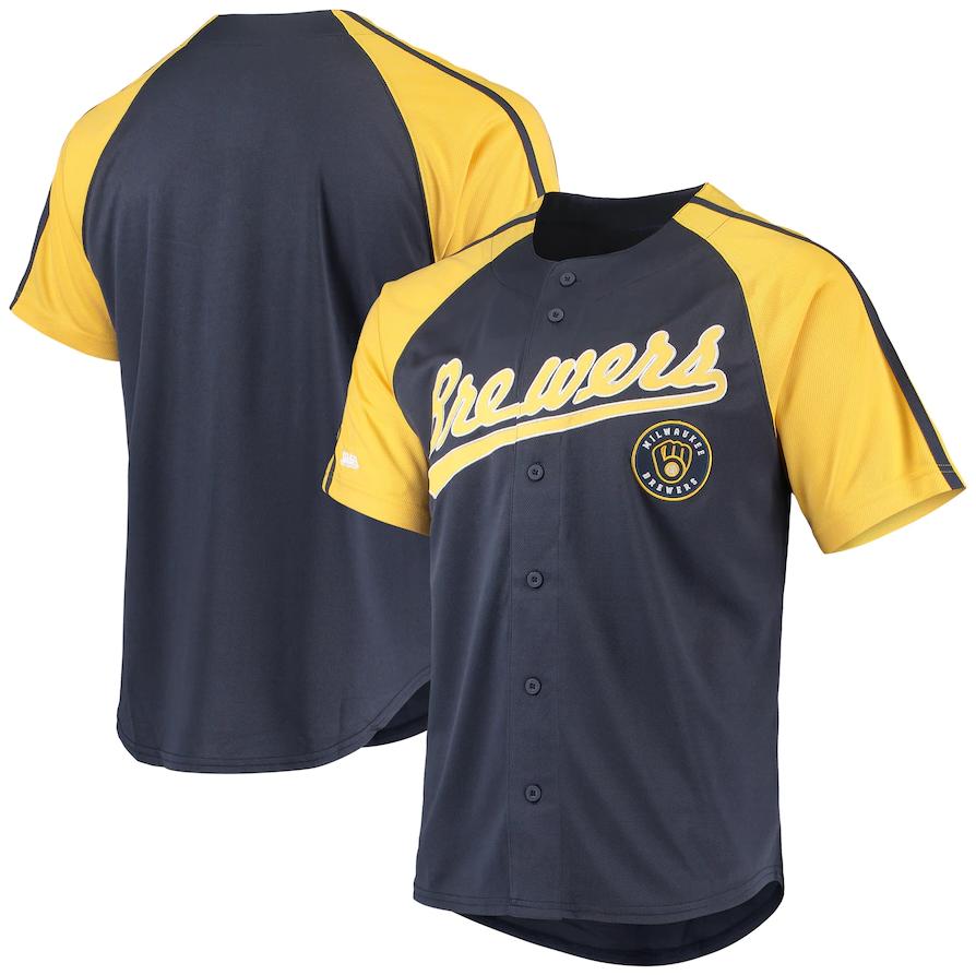 Milwaukee Brewers Navy Stitches Button-Down Raglan Replica Jersey Baseball Jersey baseball jersey product view 1