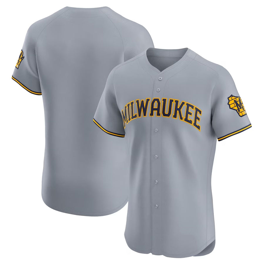 Milwaukee Brewers Road Vapor Premier Elite Patch Jersey - Gray Stitched Baseball Jersey baseball jersey product view 1