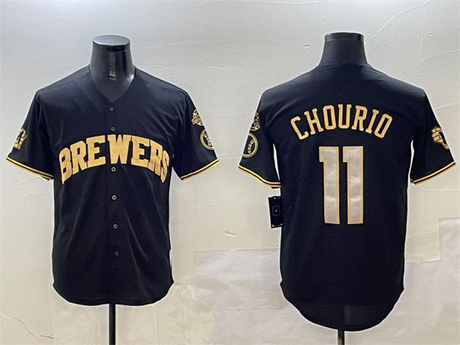 Milwaukee Brewers #11 Jackson Chourio Black Gold With Home Patch Limited Stitched Baseball Jersey baseball jersey product view 1