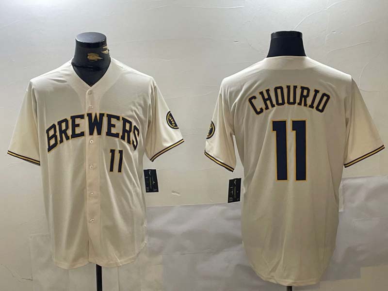 Milwaukee Brewers #11 Jackson Chourio Number Cream Stitched Cool Base Baseball Jerseys baseball jersey product view 1