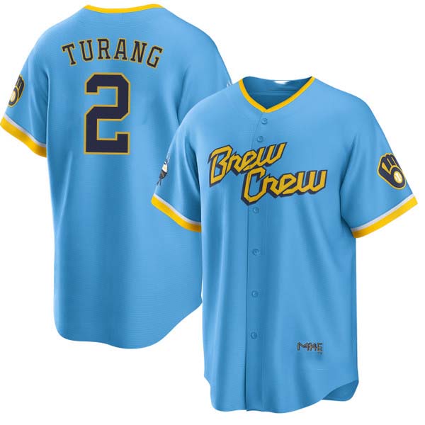 Milwaukee Brewers #2 Brice Turang Blue 2022 City Connect Cool Base Stitched Baseball Jerseys baseball jersey product view 1