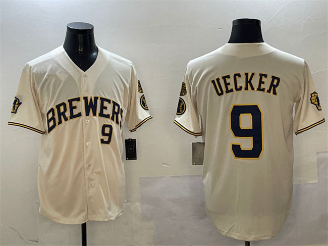 Milwaukee Brewers #9 Bob Uecker Cream With Home Patch Limited Stitched Baseball Jersey baseball jersey product view 1