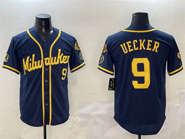 Milwaukee Brewers #9 Bob Uecker Navy With Home Patch Limited Stitched Baseball Jersey baseball jersey product view 1