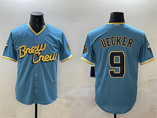 Milwaukee Brewers #9 Bob Uecker Powder Blue City Connect With Patch Cool Base Stitched Baseball Jersey baseball jersey product view 1