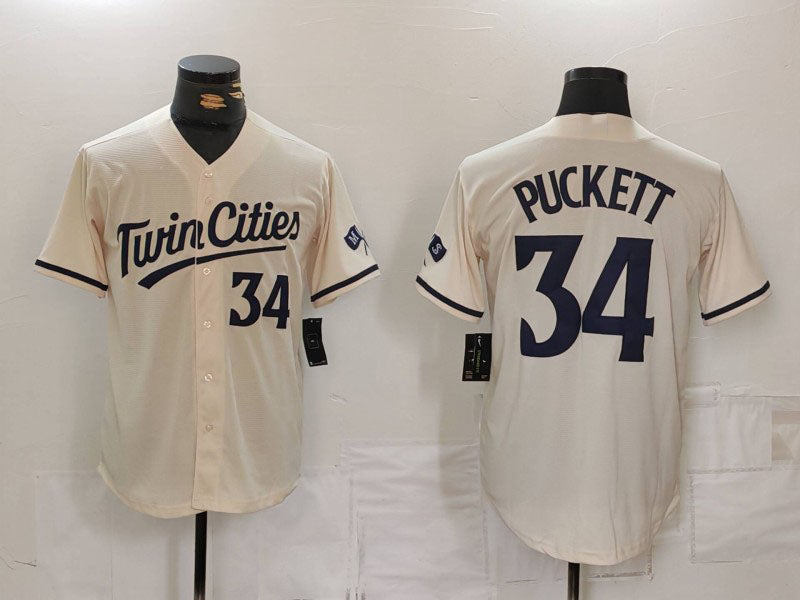 Minnesota Twins #34 Kirby Puckett Number Cream Cool Base Stitched Baseball Jersey baseball jersey product view 1