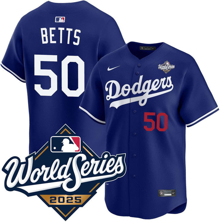 Mookie Betts Los Angeles Dodgers Alternate 2025 World Series Player Jersey - Royal baseball jersey product view 1