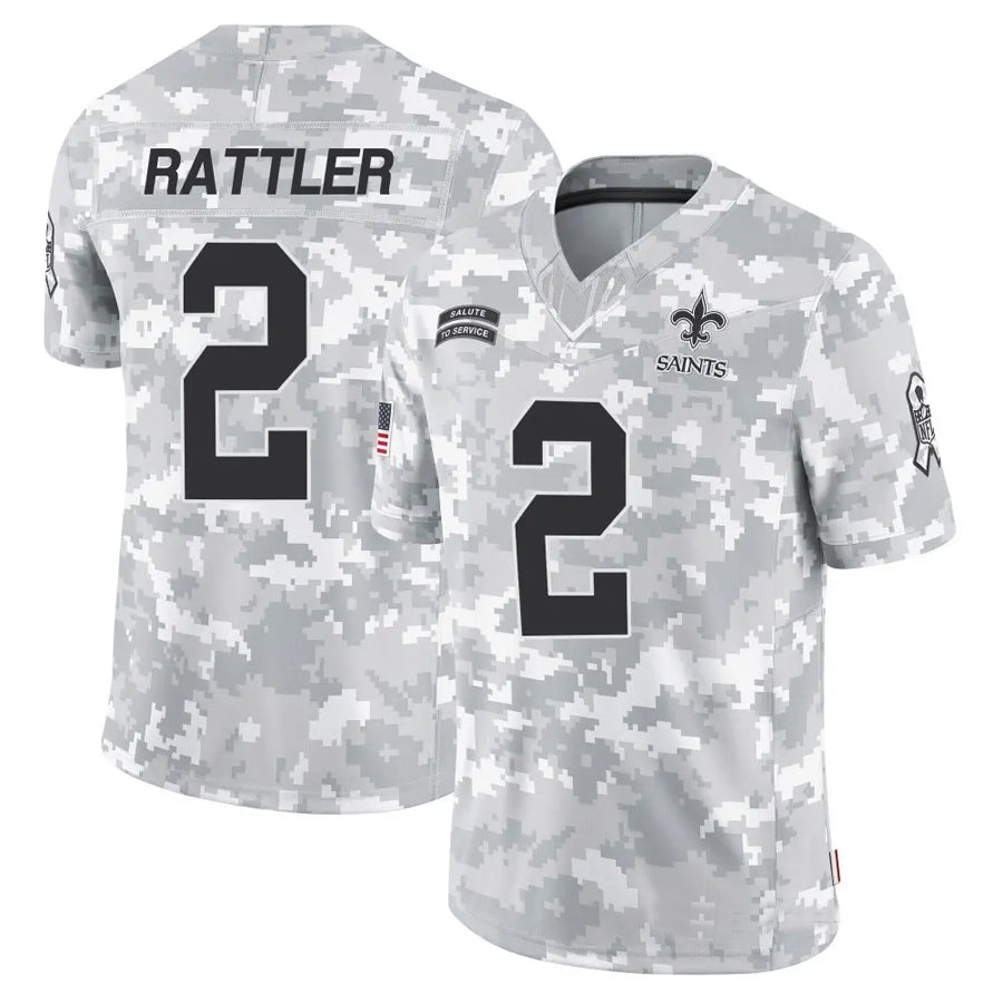 NO.Saints #2 Spencer Rattler Player Arctic Camo Salute to Service Limited Football Jerseys football jersey product view 1
