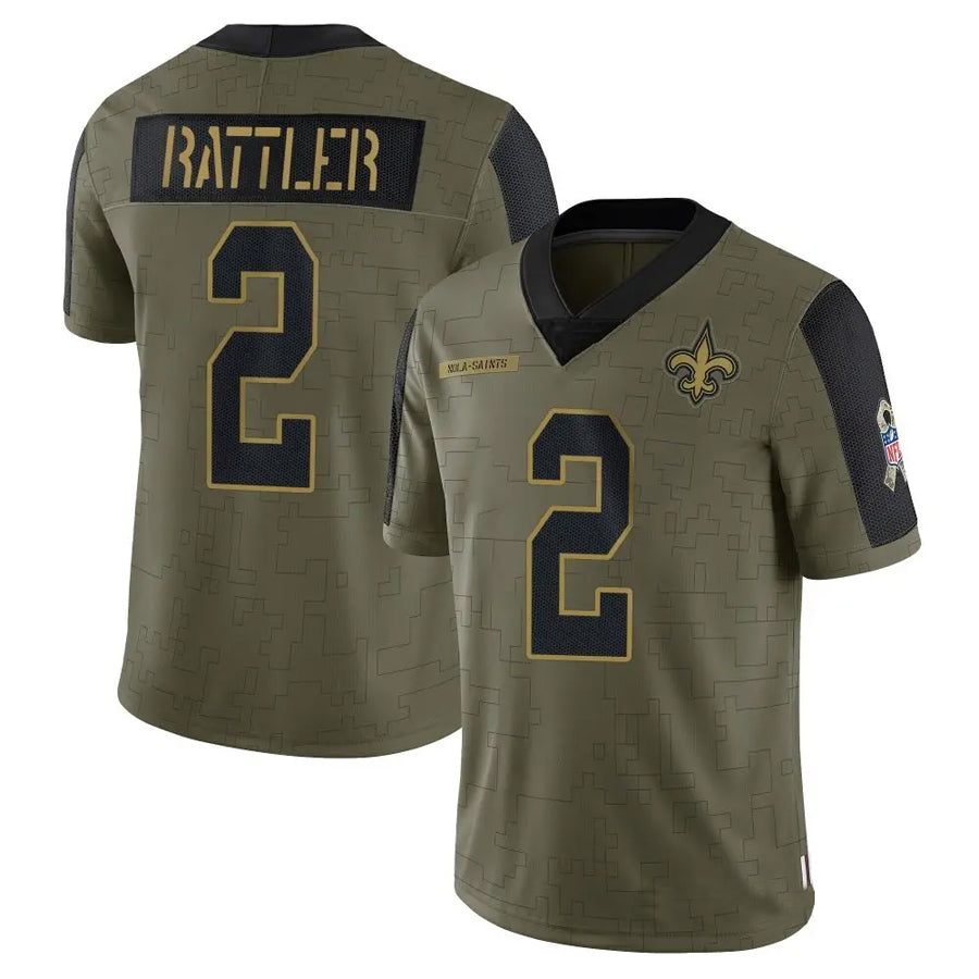 NO.Saints #2 Spencer Rattler Player Salute To Service Olive Football Jerseys football jersey product view 1