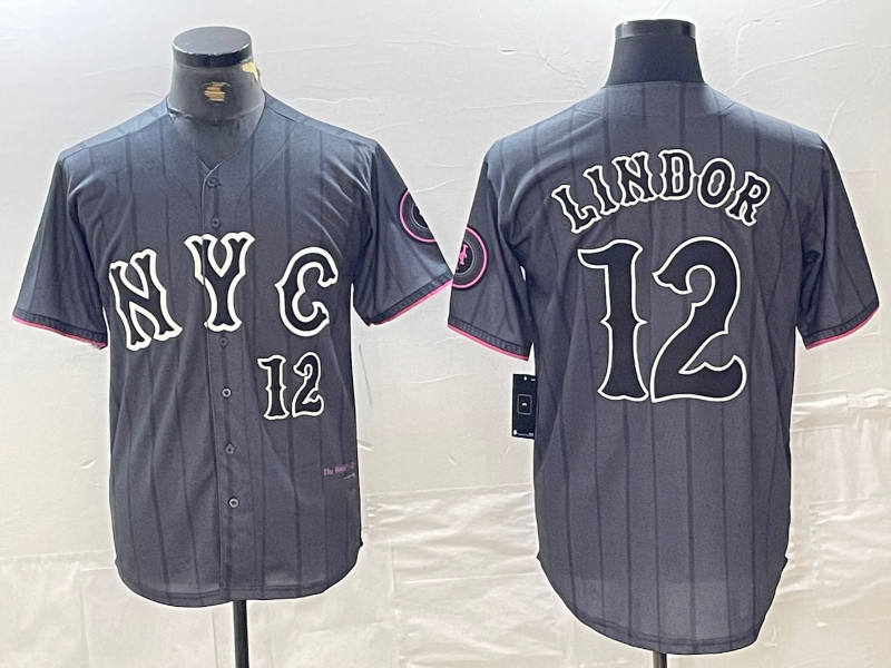New York Mets #12 Francisco Lindor Number Grey 2024 City Connect Cool Base Stitched Baseball Jersey baseball jersey product view 1