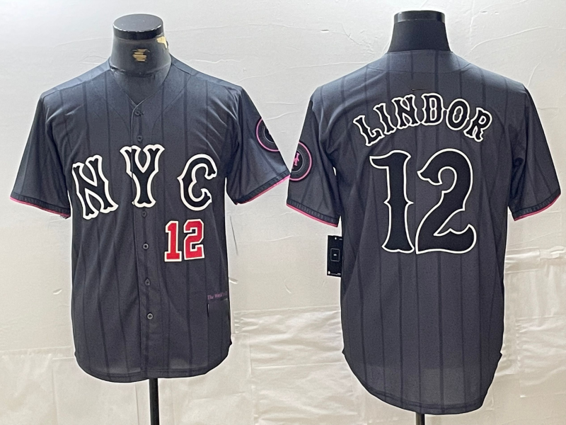 New York Mets #12 Francisco Lindor Number Grey 2024 City Connect Cool Base Stitched Baseball Jersey baseball jersey product view 1