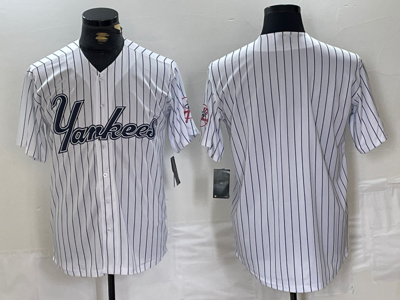 New York Yankees Blank White Pinstripe Fashion Cool Base Baseball Jersey baseball jersey product view 1