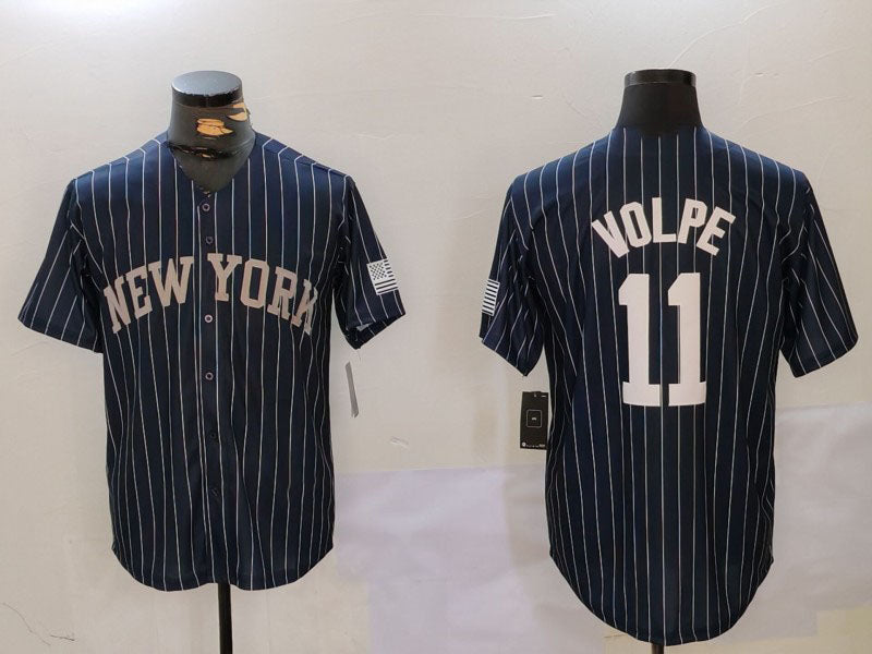 New York Yankees #11 Anthony Volpe Navy Pinstripe Fashion Cool Base Baseball Jersey baseball jersey product view 1