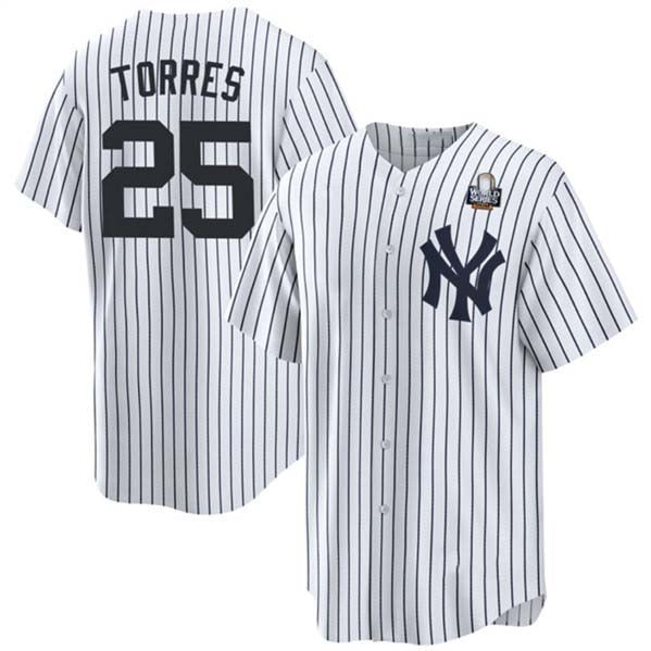 New York Yankees #25 Gleyber Torres White 2024 World Series With Name Cool Base Stitched Baseball Jersey baseball jersey product view 1