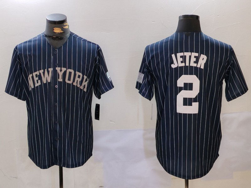 New York Yankees #2 Derek Jeter Navy Pinstripe Fashion Cool Base Baseball Jersey baseball jersey product view 1