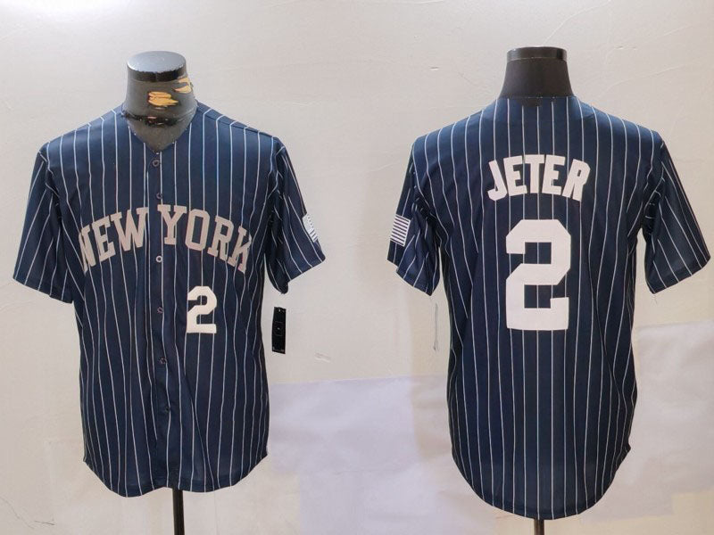 New York Yankees #2 Derek Jeter Navy Pinstripe Fashion Cool Base Baseball Jersey baseball jersey product view 1