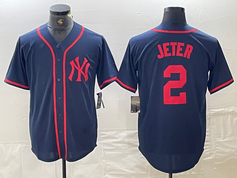 New York Yankees #2 Derek Jeter Navy Red Fashion Cool Base Baseball Jersey baseball jersey product view 1