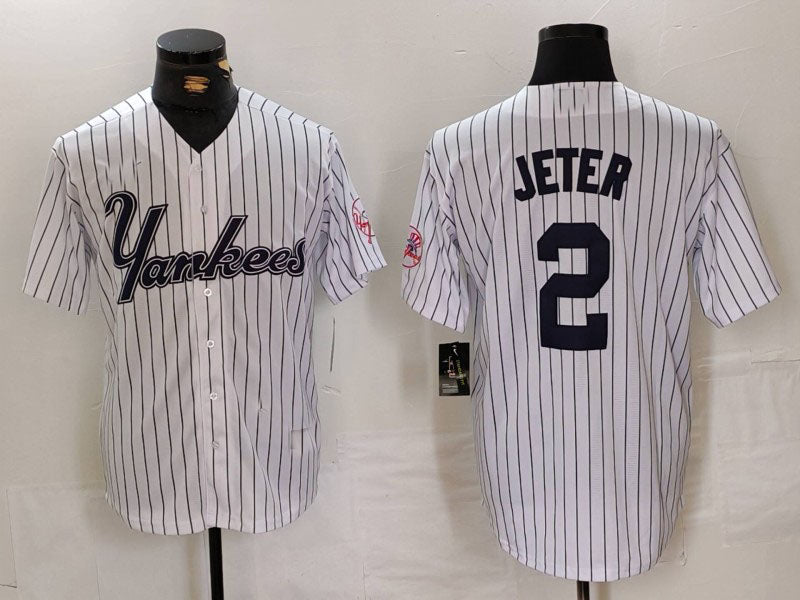 New York Yankees #2 Derek Jeter White Pinstripe Fashion Cool Base Baseball Jerseys baseball jersey product view 1