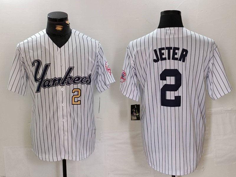 New York Yankees #2 Derek Jeter White Pinstripe Fashion Cool Base Baseball Jerseys baseball jersey product view 1