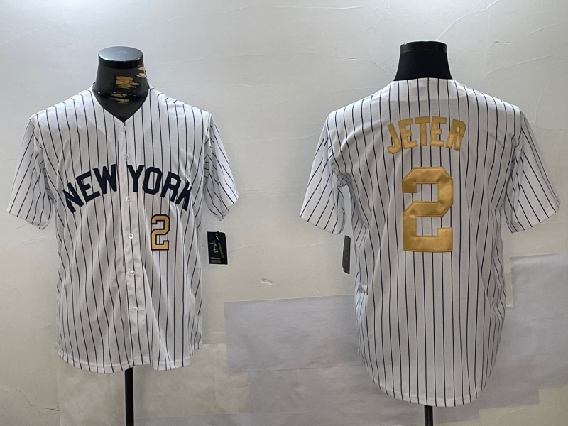 New York Yankees #2 Derek Jeter White Pinstripe Fashion Cool Base Stitched Baseball Jersey baseball jersey product view 1