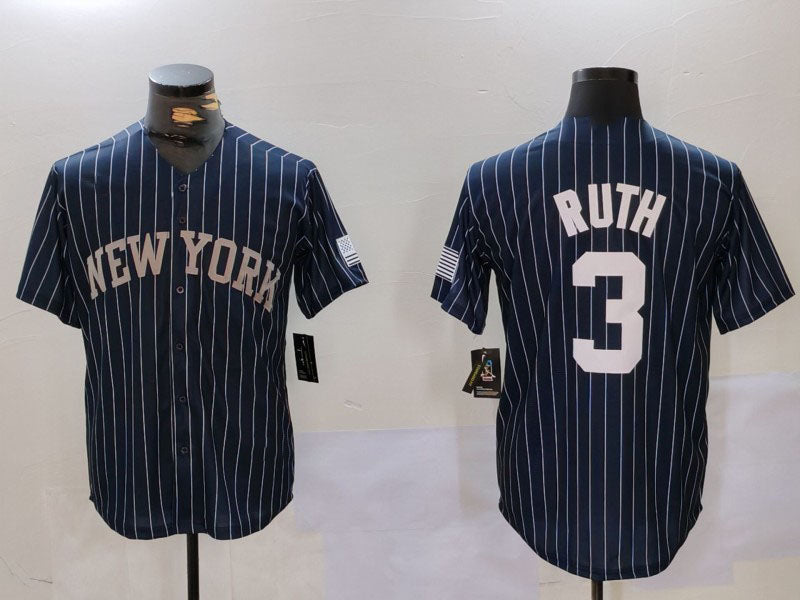 New York Yankees #3 Babe Ruth Navy Pinstripe Fashion Cool Base Baseball Jersey baseball jersey product view 1