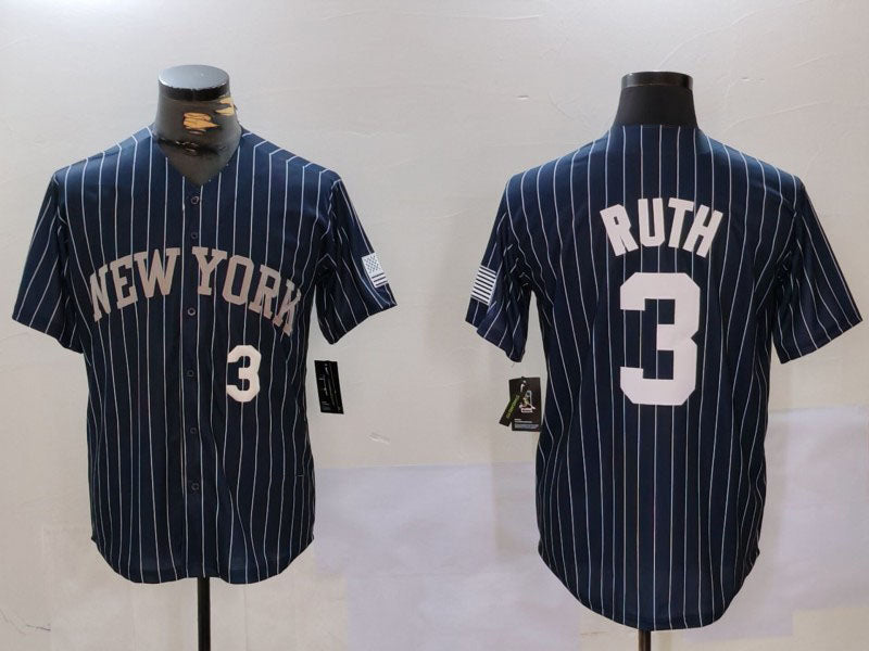 New York Yankees #3 Babe Ruth Navy Pinstripe Fashion Cool Base Baseball Jersey baseball jersey product view 1