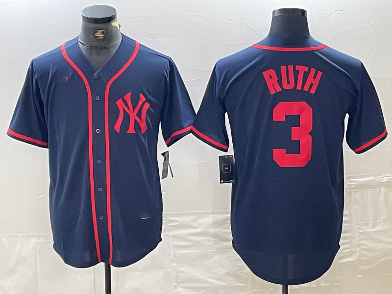 New York Yankees #3 Babe Ruth Navy Red Fashion Cool Base Baseball Jersey baseball jersey product view 1