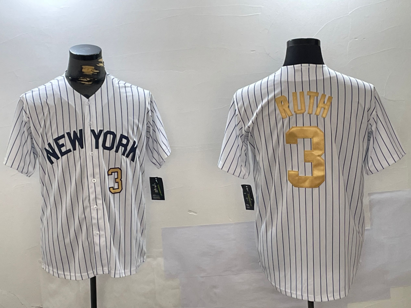 New York Yankees #3 Babe Ruth White Pinstripe Fashion Cool Base Stitched Baseball Jersey baseball jersey product view 1