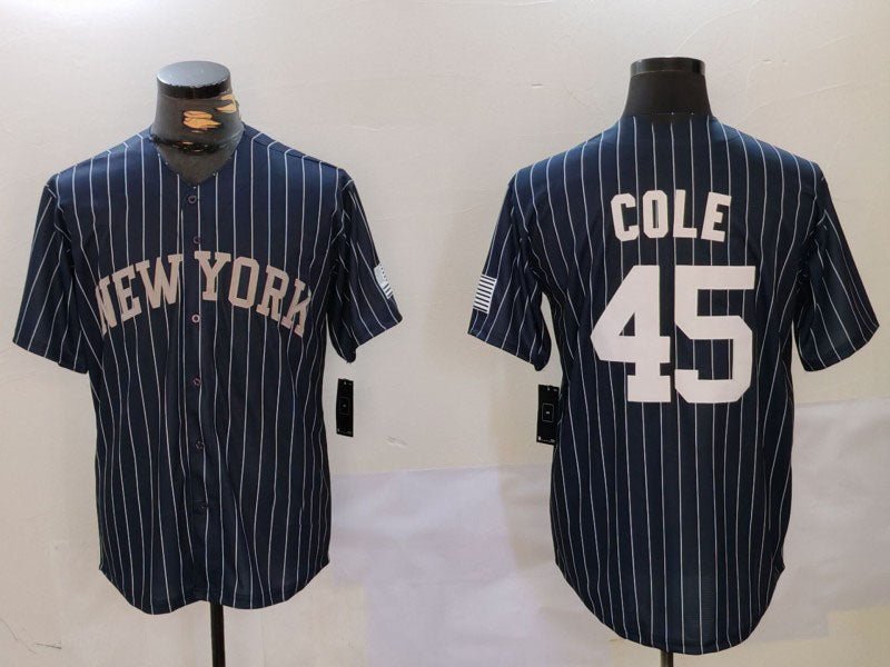 New York Yankees #45 Gerrit Cole Navy Pinstripe Fashion Cool Base Baseball Jersey baseball jersey product view 1