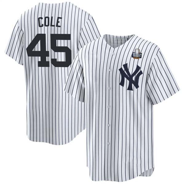 New York Yankees #45 Gerrit Cole White 2024 World Series With Name Cool Base Stitched Baseball Jersey baseball jersey product view 1