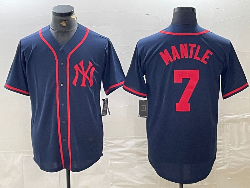 New York Yankees #7 Mickey Mantle Navy Red Fashion Cool Base Baseball Jersey baseball jersey product view 1