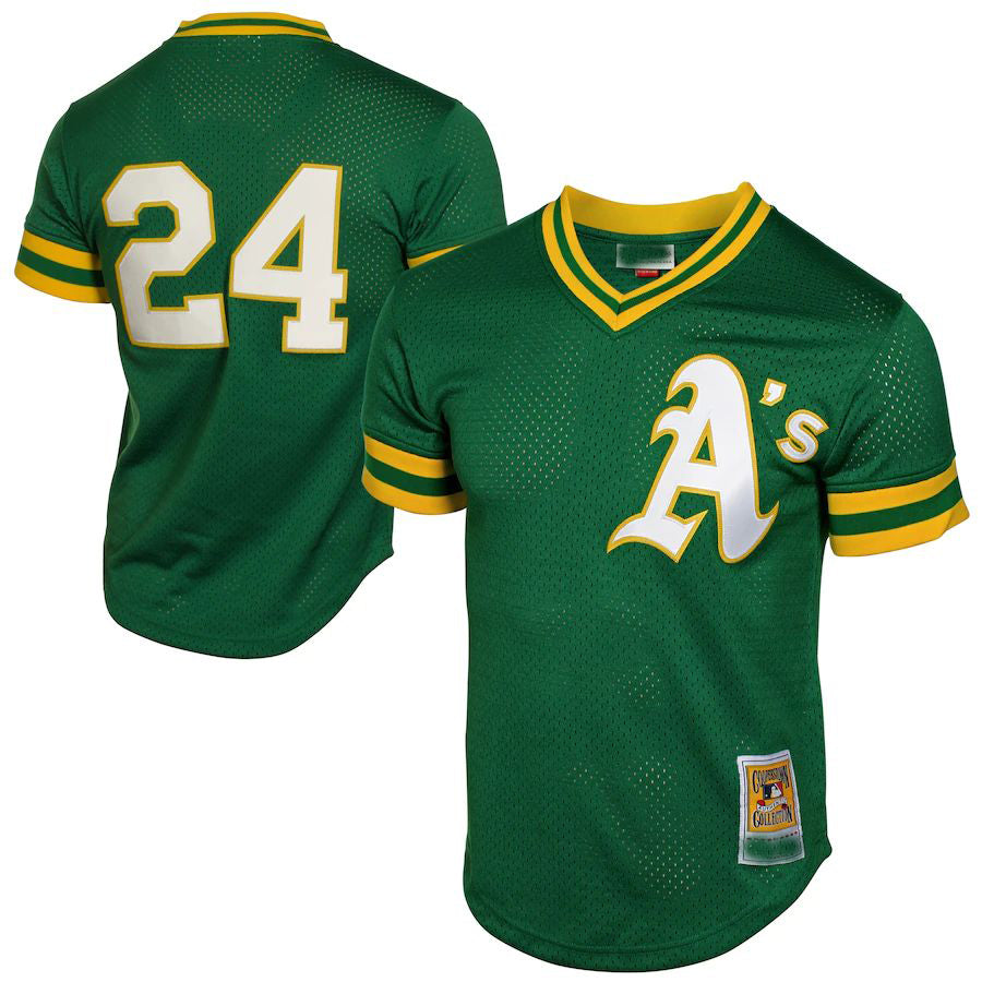 Oakland Athletics #24 Rickey Henderson Green 1991 Cooperstown Mesh Batting Practice Jersey Baseball Jerseys baseball jersey product view 1