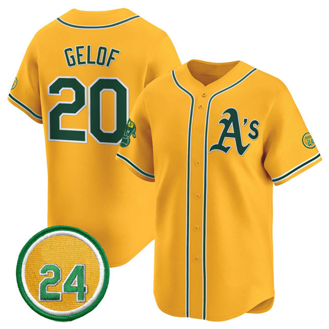 Oakland Athletics #20 Zack Gelof Yellow 2024 Limited With Rickey Henderson Patch Stitched Baseball Jersey baseball jersey product view 1