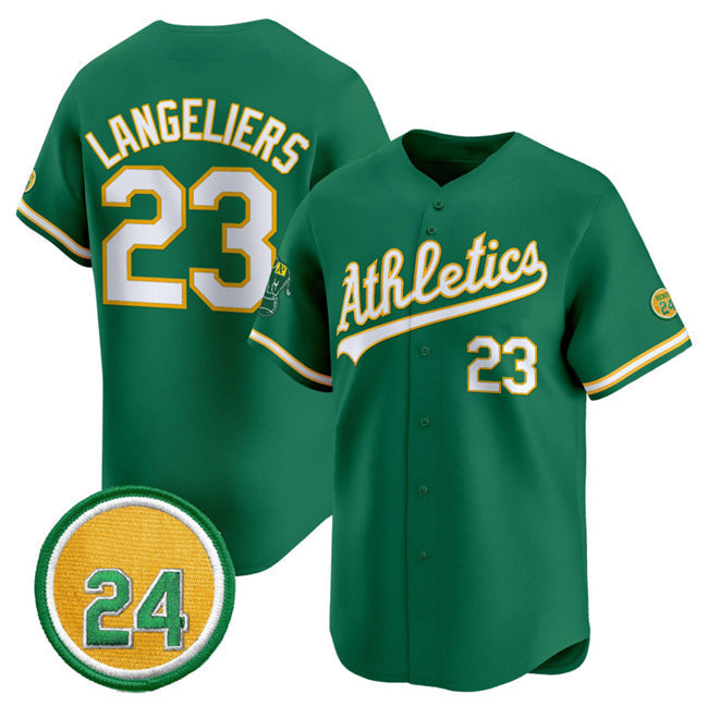 Oakland Athletics #23 Shea Langeliers Green 2024 Limited With Rickey Henderson Patch Stitched Baseball Jersey baseball jersey product view 1