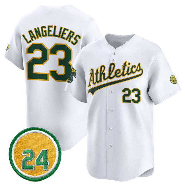 Oakland Athletics #23 Shea Langeliers White 2024 Home Limited With Rickey Henderson Patch Stitched Baseball Jersey baseball jersey product view 1