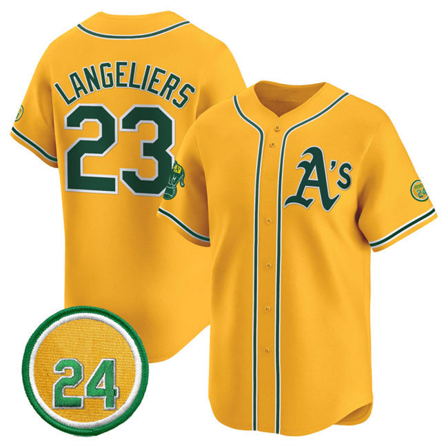 Oakland Athletics #23 Shea Langeliers Yellow 2024 Limited With Rickey Henderson Patch Stitched Baseball Jersey baseball jersey product view 1