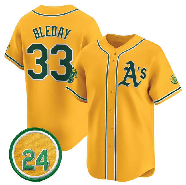 Oakland Athletics #33 JJ Bleday Yellow 2024 Limited With Rickey Henderson Patch Stitched Baseball Jersey baseball jersey product view 1